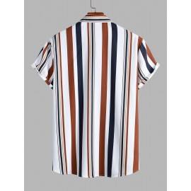 Men's Mixed Vertical Striped Button Up Short Sleeves Summer Beach Shirt