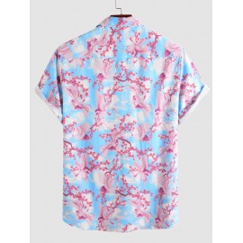 Button Up Floral Crane Print Front Pocket Shirt