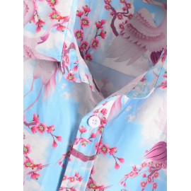 Button Up Floral Crane Print Front Pocket Shirt